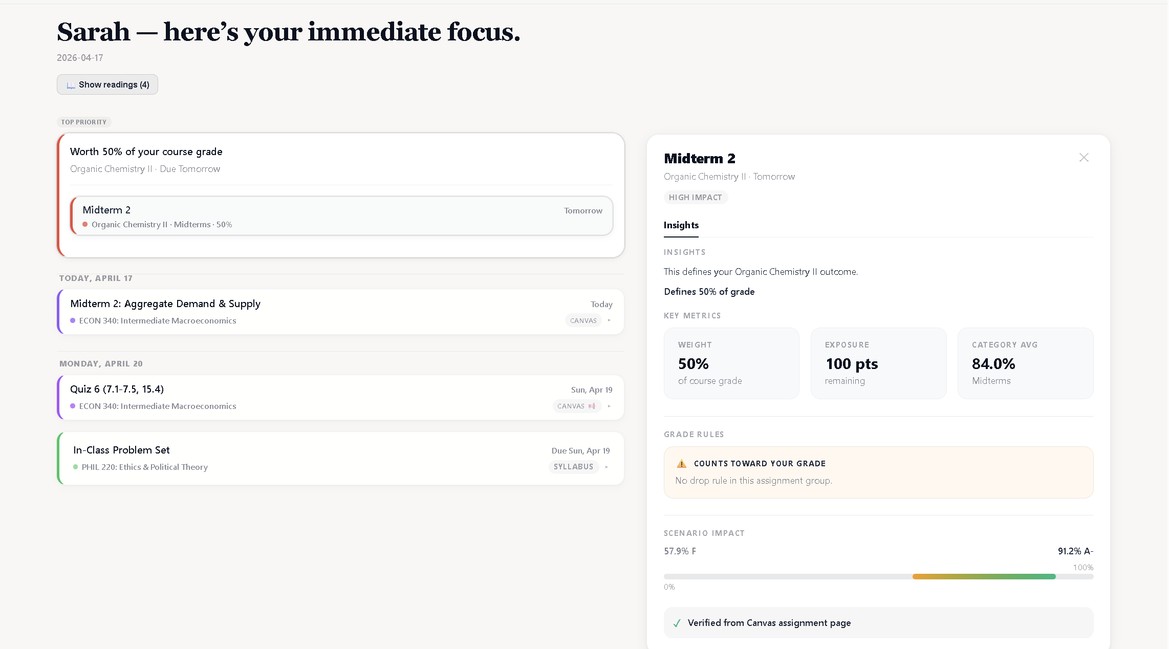 Clerion Advisor view showing priority feed and grade impact analysis